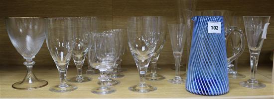 A group of assorted glasses, a blue glass jug and a Venetian goblet